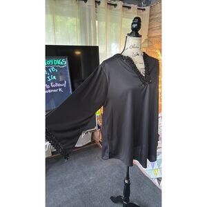 vintage 70s lady Winn black embellished bell sleeve blouse flaw